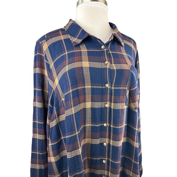 Torrid Lizzie Crinkle Flannel Gauze Button Up Tunic Navy Plaid Plus Size 4 4X - Picture 5 of 16